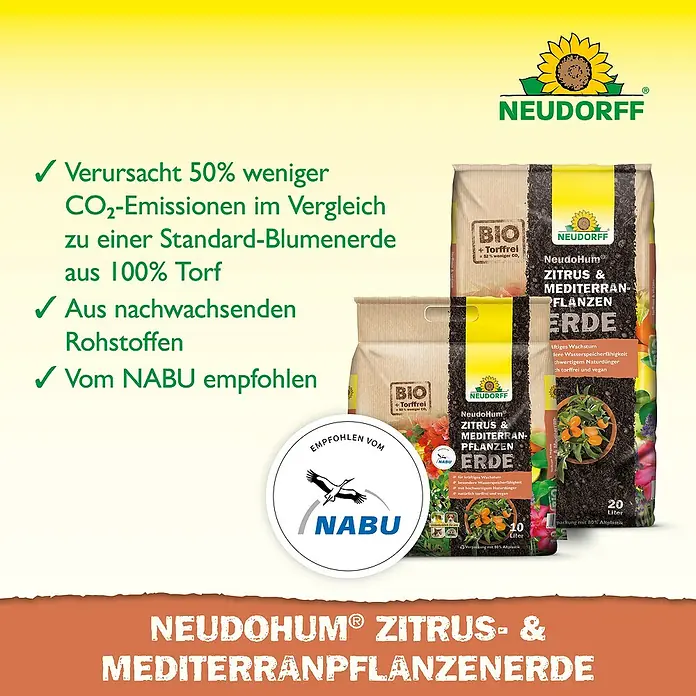 Neudorff NeudoHum Zitruspflanzenerde Zitrus- & Mediterranpflanzen - 40 l - NeudoHum Zitrus- und Mediterranpflanzenerde im Sack. Empfohlen vom NABU, torffrei und reduziert CO2-Emissionen.