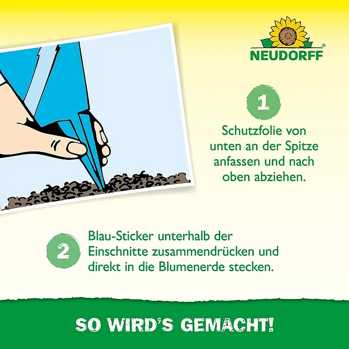 Neudorff Klebefalle Blau-Sticker - Blau, 10 Stk. - Produktanleitung für Neudorff: Schutzfolie abziehen, blauen Sticker zusammendrücken und in Blumenerde stecken.