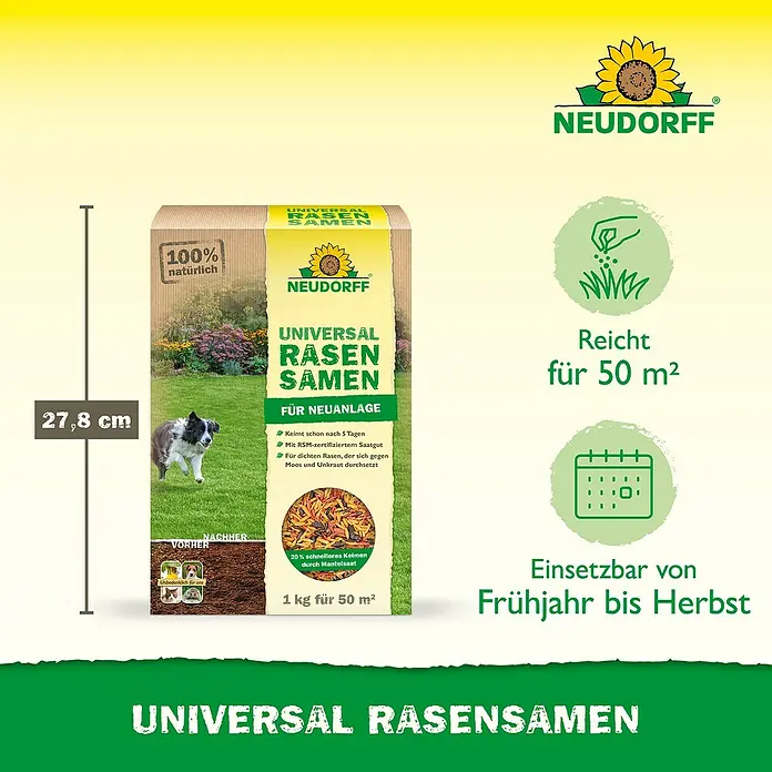 Neudorff Rasensamen Universal - 1 kg, 50 m² - Bild einer Packung Neudorff Universal Rasensamen, ideal für die Neuanlage. Reicht für 50 m², keimt schnell und ist von Frühjahr bis Herbst einsetzbar.