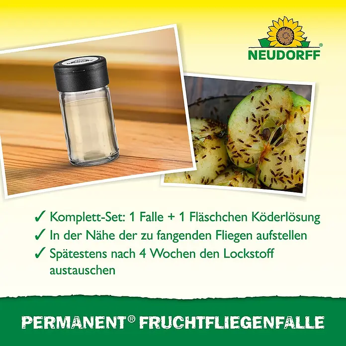 Neudorff Permanent Fruchtfliegen-Falle - 1 Stk. - Produktbild einer Permanent Fruchtfliegenfalle von Neudorff mit Lockstofflösung und einem Apfel mit Fruchtfliegen.