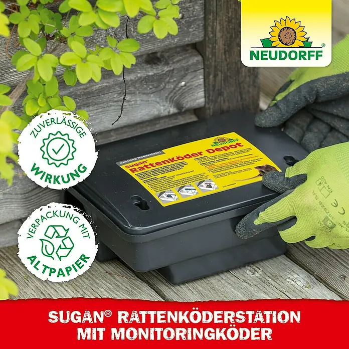 Neudorff Sugan Rattenfalle Köderstation & Duftköder - Schlagfalle, Metall - Sugan Rattenköderstation mit Monitoringköder von Neudorff, eine zuverlässige Lösung zur Rattenbekämpfung mit umweltfreundlicher Altpapierverpackung.