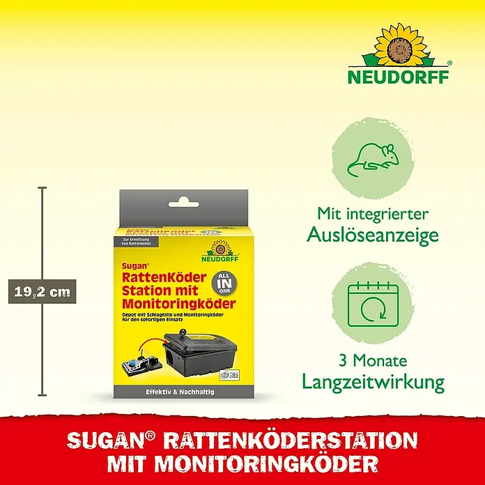 Neudorff Sugan Rattenfalle Köderstation & Duftköder - Schlagfalle, Metall - Sugan Rattenköderstation mit Monitoringköder: Eine effektive und nachhaltige Lösung zur Rattenbekämpfung mit integrierter Auslöseanzeige.