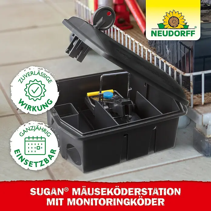 Neudorff Sugan Mausefalle Köderstation & Duftköder - Schlagfalle, Kunststoff - SUGAN® Mäuseköderstation mit Monitoringköder zur effektiven und sicheren Bekämpfung von Mäusen. Zuverlässige Wirkung, ganzjährig einsetzbar.