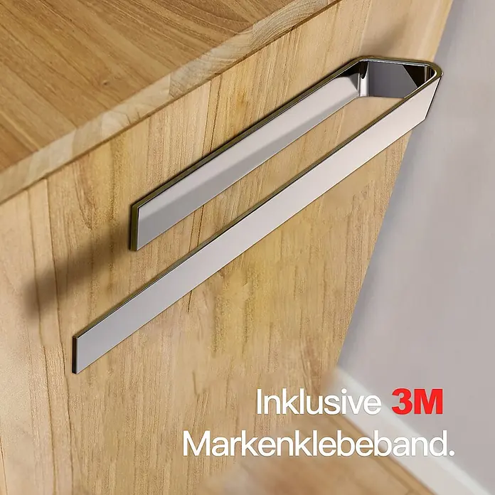 Designfabrik Hamburg Handtuchhalter - Chrom, Glänzend, Breite: 40 cm - Foto einer Handtuchhalterung, die mit 3M-Klebeband an einem Holzschrank befestigt ist, mit minimalistischem Design.