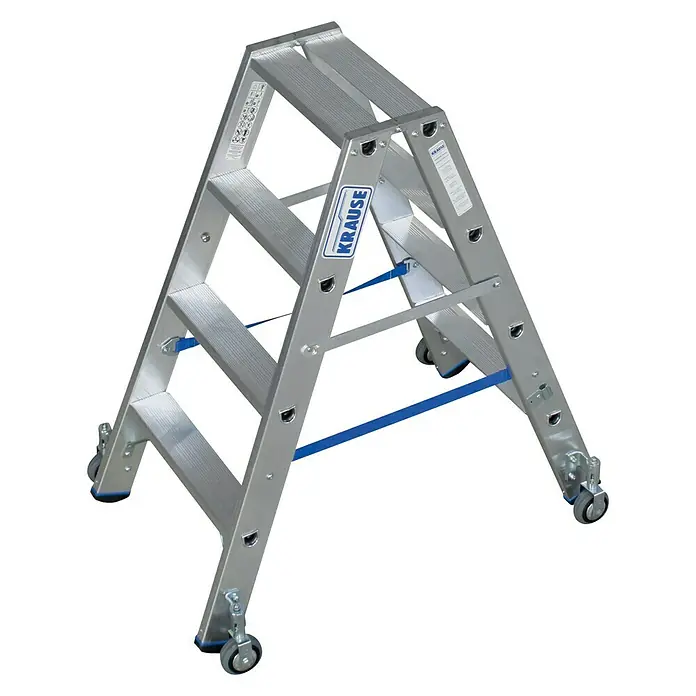 Krause Stabilo Doppelleiter Fahrbar - Anzahl Tritte: 8 Stk., Arbeitshöhe: 2,5 m, Aluminium - Dreistufige KRAUSE-Treppe aus Aluminium mit Rollen für den einfachen Transport und sicheren Stand bei Arbeiten in geringer Höhe.