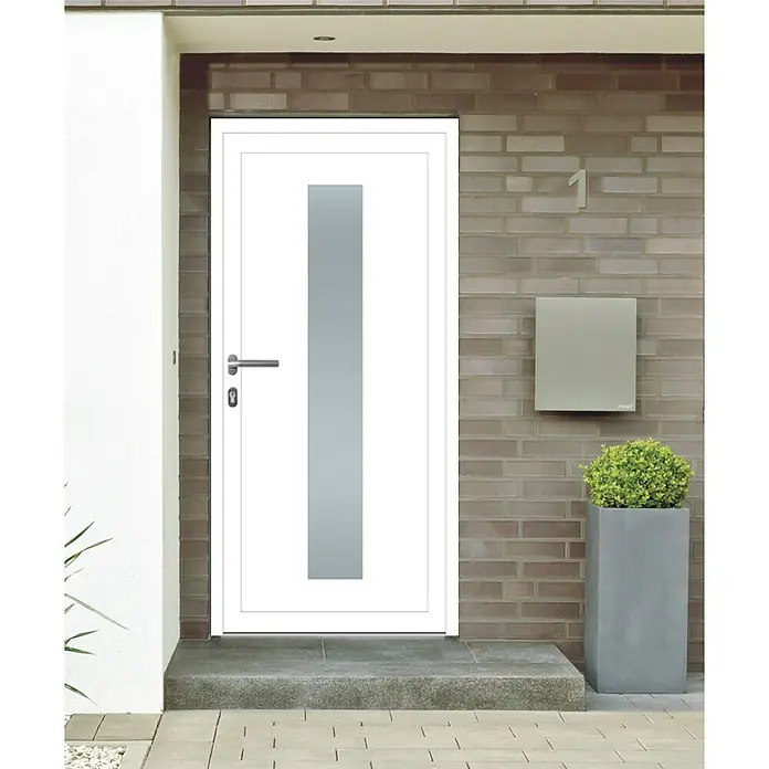 Solid Elements Mehrzwecktür KA-03 - 100 x 200 cm, DIN Anschlag: Links - Elegante Haustür mit Glasausschnitt in modernem Design. Die Tür ist weiß und harmoniert mit der Fassade.