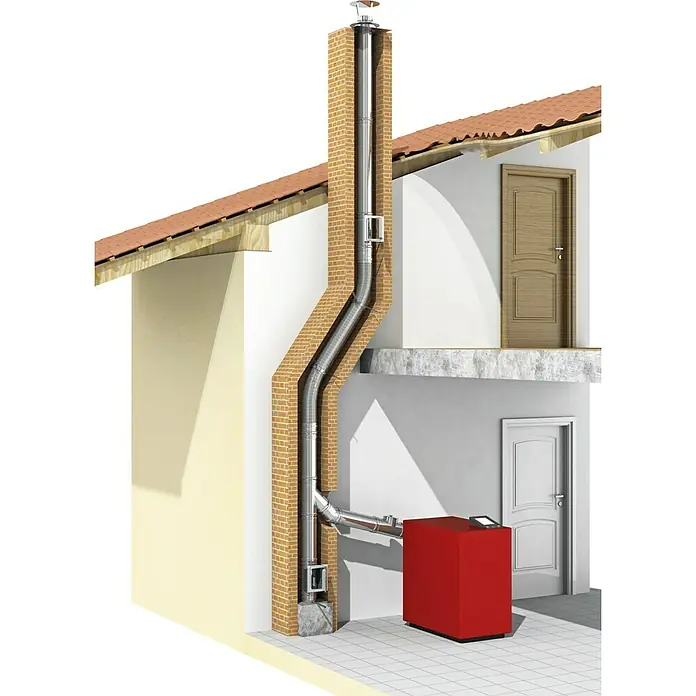 Innen-Kaminsanierungspaket - Durchmesser: 150 mm, Gesamtlänge: 6 m, Edelstahl - Illustration eines Hauses mit Kamin. Der Fokus liegt auf dem Edelstahlschornstein, der durch den gemauerten Schacht vom Heizkessel zum Dach führt.