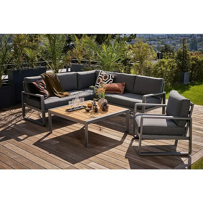 Sunfun Maja Loungesofa-Eckelement - Aluminium, Olefin, Night-Grey - Stilvolles graues Lounge-Set mit Ecksofa, Sessel und Holztisch für den Außenbereich, ideal für entspannte Stunden im Garten oder auf der Terrasse.