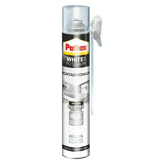 Pattex Montageschaum White Line - 750 ml - Pattex White PU Schaum Montage Schaumstoffdose mit Applikator für Isolierung, Füllung und Fixierung.