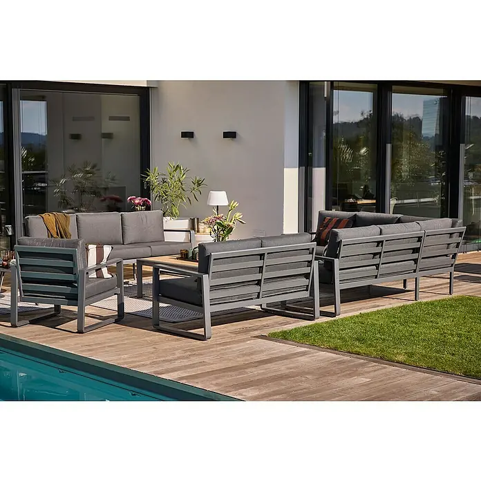 Sunfun Maja Loungesofa 3-Sitzer - B x T x H: 203 x 76 x 74,5 cm, Aluminium, Olefin, Night-Grey - Einladende graue Gartenmöbel-Sets mit modernem Design, inklusive Sofa, Sesseln und Tisch, ideal für entspannte Stunden im Freien.