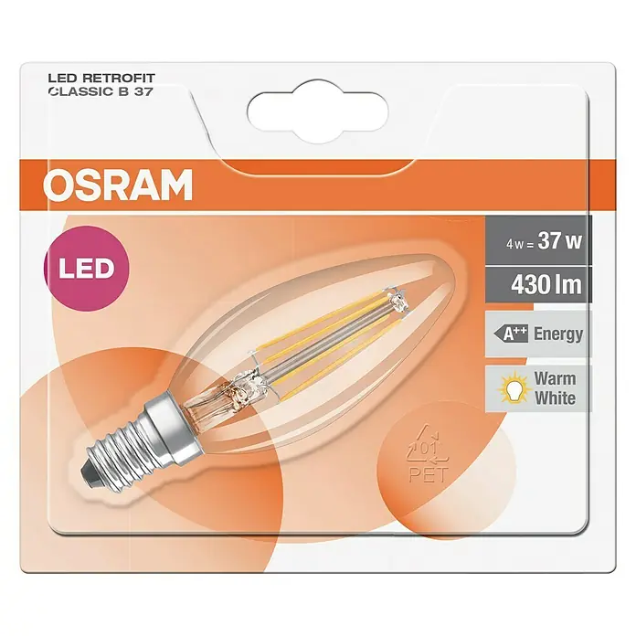 Osram LED-Lampe Kerzenform E14 matt - E14, Nicht Dimmbar, Warmweiß, 250 lm, 4 W - Nahaufnahme einer Osram LED Retrofit Classic B 37 Lampe, die energiesparende und warmweiße Beleuchtung bietet.