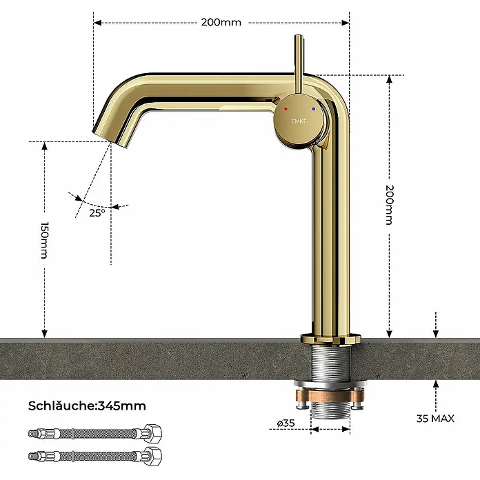 Emke Waschtischarmatur Kriosa F24 - Gold, Glänzend - Produktabbildung einer goldenen Armatur mit Maßangaben zu Ausladung, Höhe und Anschlussdetails.