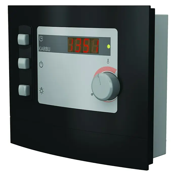 Karibu Massivholzsauna Sonara - Mit 9 kW Ofen mit externer Steuerung, Mit Dachkranz und Beleuchtung, L x B x H: 259 x 210 x 192 cm - Das Bild zeigt eine elektronische Steuerkonsole für Saunaöfen mit digitaler Anzeige, Drehknopf und Bedienknöpfen.