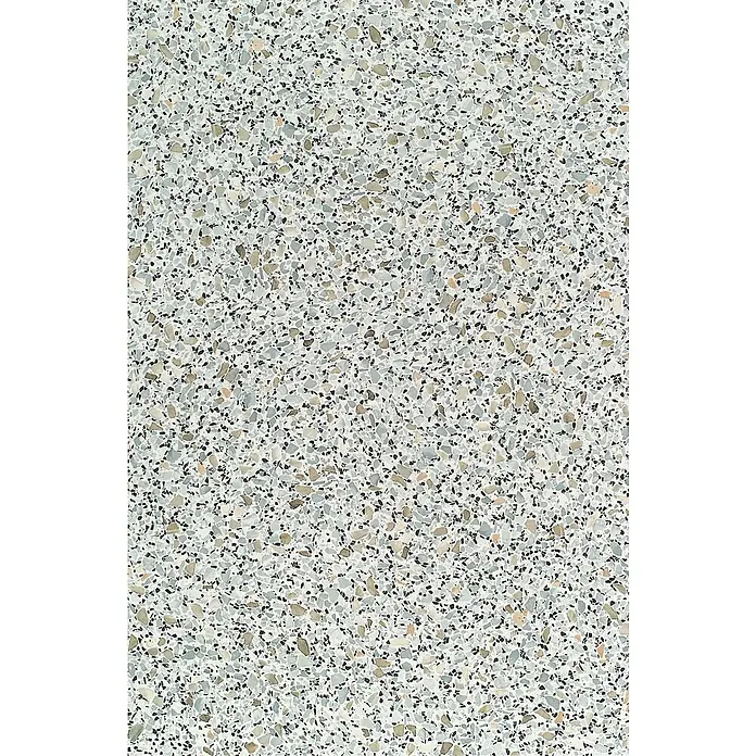 Küchenarbeitsplatte nach Maß - Ravenna Grau, Stärke: 3,8 cm, Breite: 60 cm - Detailaufnahme einer Terrazzo-Oberfläche mit kleinen, unregelmäßigen Steinchen in Grau-, Beige- und Schwarztönen für Boden- und Wandgestaltung.