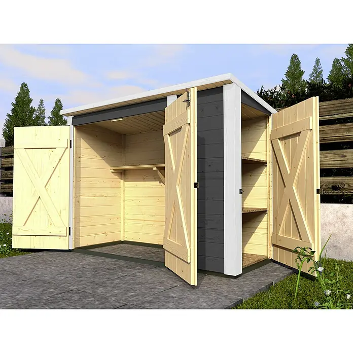 Weka Geräteschrank - Anthrazit, Weiß - Geräumiger Holzschuppen mit Doppeltüren und Regalen zur Aufbewahrung von Gartengeräten und Werkzeugen, ideal für den Außenbereich.