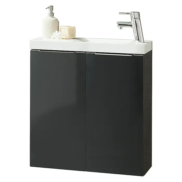 Camargue Fresh Waschtischunterschrank - 59,8 x 22,1 x 60,4 cm, Grafit - Ein moderner Badezimmerschrank in Anthrazit mit weißem Aufsatzwaschbecken, Armatur, Seifenspender und Seife. Perfekt für jedes Badezimmer.