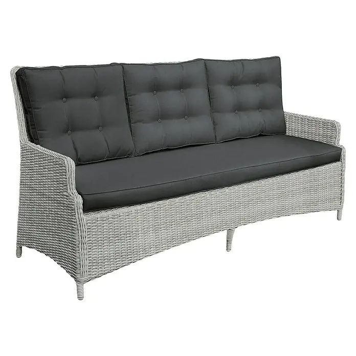 Sunfun Pauline Gartenbank - B x T x H: 200 x 85 x 100 cm, PE-Halfmoon-Geflecht, Aluminium, Anthrazit, Bambusgrau - Graues Rattan-Sofa mit dunklen Polstern und Knöpfen. Das Dreisitzer-Sofa ist ideal für den Garten oder die Terrasse und lädt zum Entspannen ein.