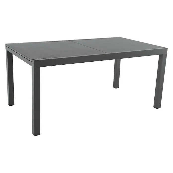 Gartenmöbel-Set Maja/Carina - 7 -tlg., Glas/Aluminium/Akazie, Anthrazit/Naturbraun, Tischplatte ausziehbar - Schwarzer Gartentisch mit rechteckiger Tischplatte und geraden Beinen für den Außenbereich.