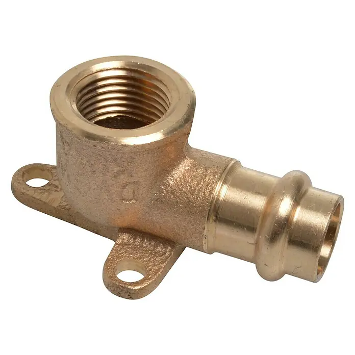 Press-Wandwinkel - Durchmesser: 15 mm, Innengewinde: ½″, Presskontur: V - Messing-Winkelstück mit Innengewinde und Pressanschluss zur sicheren Verbindung von Rohren in Sanitär- und Heizungsanlagen.