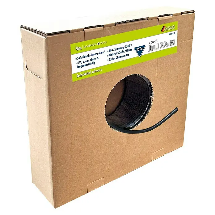 Schwaiger Solarkabel - 250 m, 6 mm², Schwarz - Eine Rolle schwarzes Solarkabel, 6 mm², mit einer maximalen Spannung von 1500 V, bestehend aus Kupfer/Silikon, verpackt in einer 250-m-Dispenserbox.