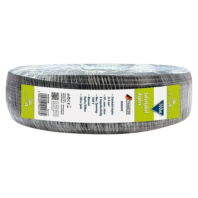 Schwaiger Solarkabel Duplex 2 x 6 mm² - Schwarz - Eine Rolle schwarzes Solarkabel Duplex, 100m lang, verpackt in Folie, mit einem grünen Etikett, das Details zum Kabel enthält.