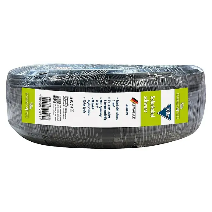 Schwaiger Solarkabel - 100 m, 6 mm², Schwarz - Das Bild zeigt eine Rolle schwarzes Solarkabel von Schwaiger mit den Spezifikationen auf dem Etikett.