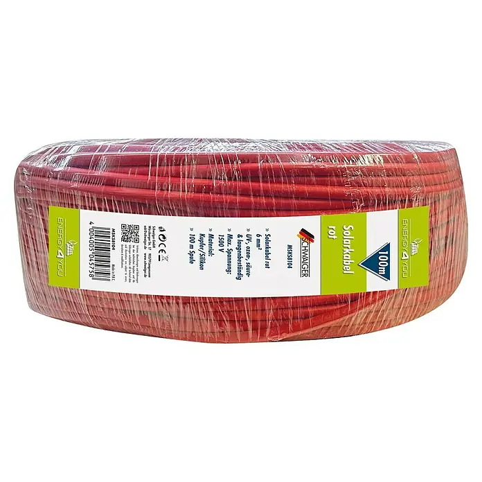 Schwaiger Solarkabel - 100 m, 6 mm², Rot - Nahaufnahme einer Rolle rotes Solarkabel von Schwaiger mit Etikett, das technische Details und Markenlogos zeigt.