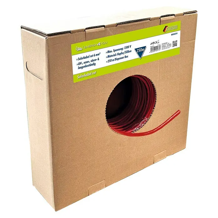 Schwaiger Solarkabel - 250 m, 6 mm², Rot - Eine Rolle rotes Solarkabel (6 mm²) in einer Spenderbox, UV-, Ozon-, Säure- und Laugenbeständig, maximale Spannung 1500 V.