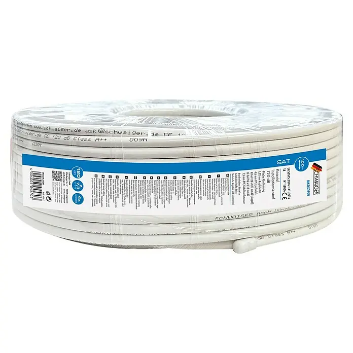 Schwaiger Koaxialkabel - 100 m, Weiß, Schirmungsmaß: 120 dB - Produktbild einer Rolle weißem Schwaiger Koaxialkabel mit 120 dB, ideal für Satelliteninstallationen.