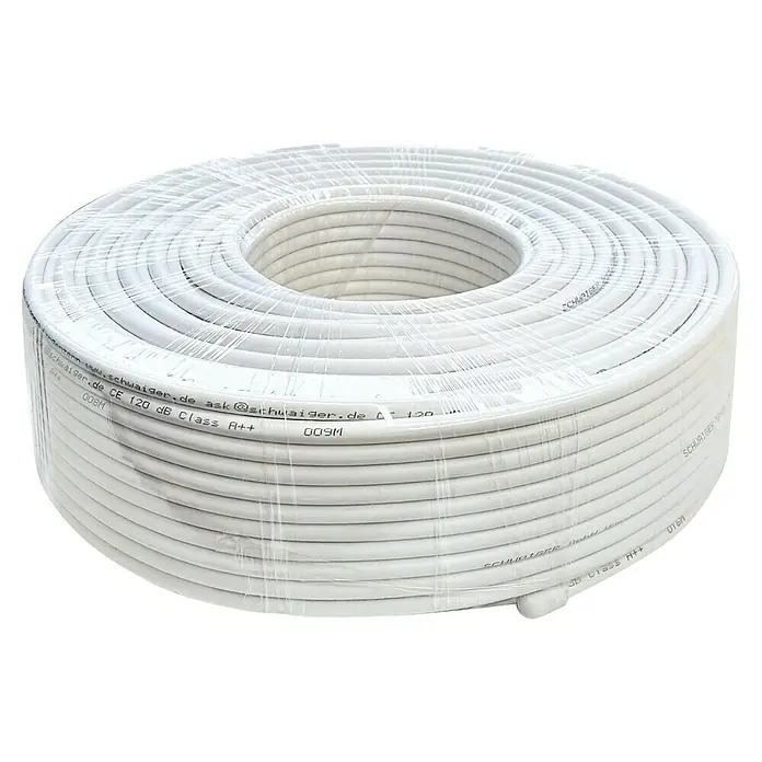 Schwaiger Koaxialkabel - 100 m, Weiß, Schirmungsmaß: 120 dB - Eine Rolle weißes Koaxialkabel, verpackt in durchsichtiger Plastikfolie, mit Beschriftungen, die auf die Marke und Spezifikationen hinweisen.