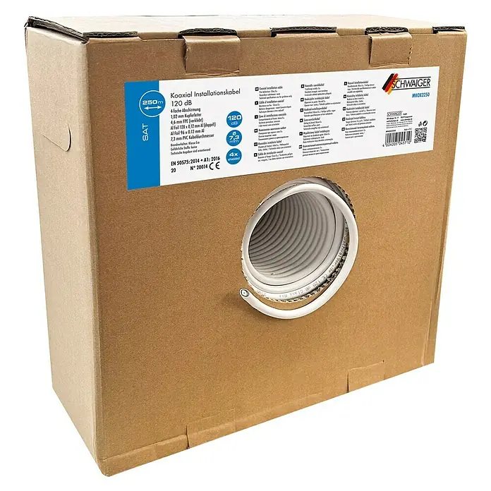 Schwaiger Koaxialkabel - 250 m, Weiß, Schirmungsmaß: 120 dB - Abbildung einer Rolle Koaxial-Installationskabel 120 dB von Schwaiger, ideal für SAT-Anlagen. 250 m Länge, 4-fache Abschirmung.