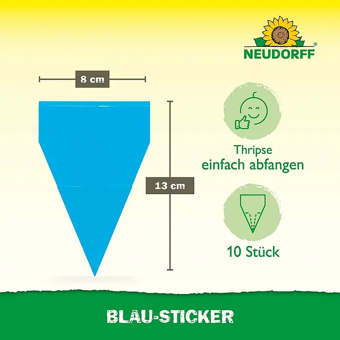 Neudorff Klebefalle Blau-Sticker - Blau, 10 Stk. - Abbildung eines Neudorff Blau-Sticker Schädlingsbekämpfungs Produkts, das Thripse effektiv einfängt. Die Sticker sind 8 cm breit und 13 cm lang, 10 Stück pro Packung.