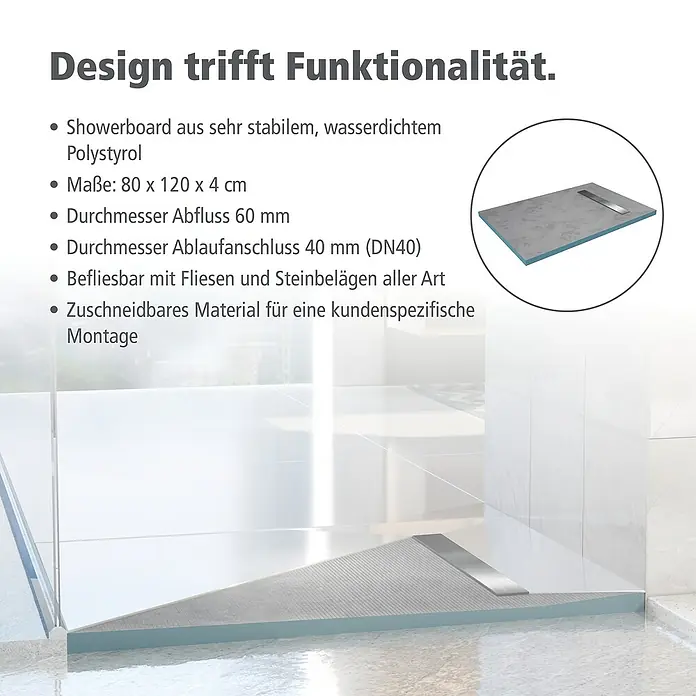 Aurlane Duschwanne - L x B: 120 x 80 cm, Polystyrol/Glasfaser/Zement, Grau/Chrom, Befliesbar - Duschboard aus wasserdichtem Polystyrol, mit den Maßen 80 x 120 x 4 cm, geeignet für Fliesen und Steinbeläge. Anpassbares Material für einfache Montage.