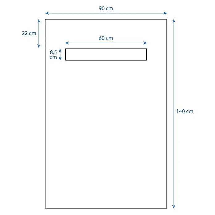 Aurlane Duschwanne - L x B: 140 x 90 cm, Polystyrol/Glasfaser/Zement, Grau, Befliesbar - Technische Zeichnung eines Objekts mit den Maßen 90 cm Breite, 140 cm Höhe und einem rechteckigen Ausschnitt von 60 cm Breite und 8,5 cm Höhe.