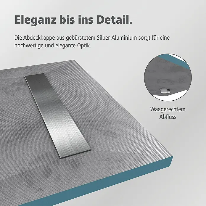 Aurlane Duschwanne - L x B: 140 x 90 cm, Polystyrol/Glasfaser/Zement, Grau, Befliesbar - Elegante Duschrinne mit Abdeckung aus gebürstetem Silber-Aluminium für eine hochwertige Optik und waagerechten Abfluss.