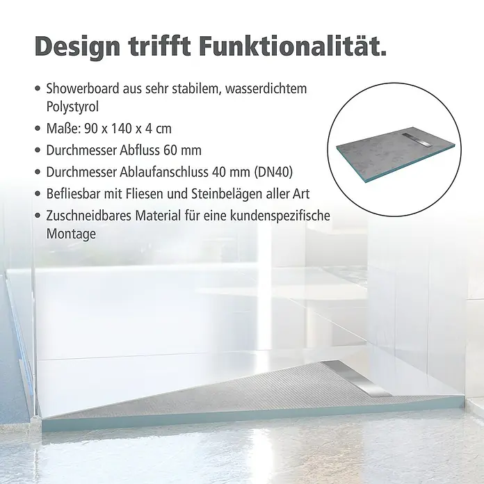 Aurlane Duschwanne - L x B: 140 x 90 cm, Polystyrol/Glasfaser/Zement, Grau, Befliesbar - Bild einer Duschboard-Anzeige mit technischen Details. Das Duschboard besteht aus Polystyrol und ist wasserdicht und zuschneidbar.