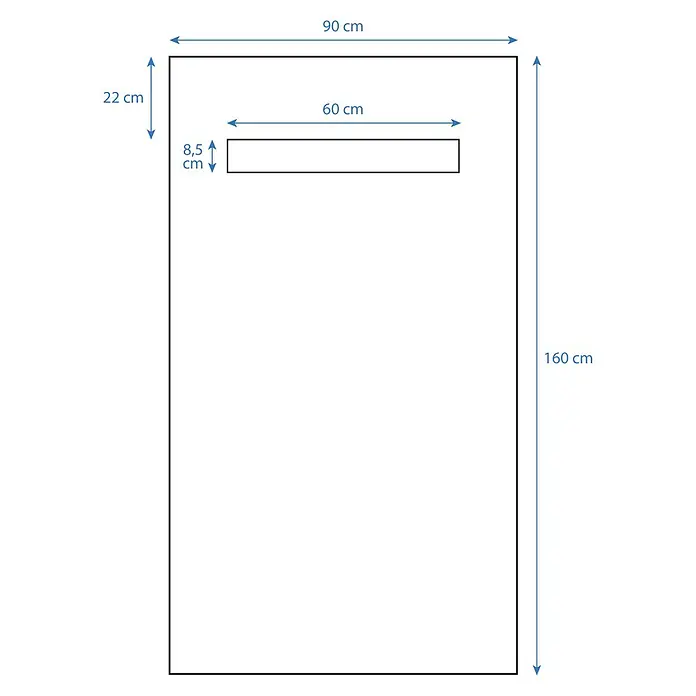 Aurlane Duschwanne - L x B: 160 x 90 cm, Polystyrol/Glasfaser/Zement, Grau, Befliesbar, Ablauf länglich - Schemazeichnung einer rechteckigen weißen Tafel mit den Maßen 90 x 160 cm und einem Ausschnitt von 60 x 8,5 cm im oberen Bereich.