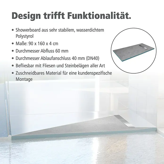 Aurlane Duschwanne - L x B: 160 x 90 cm, Polystyrol/Glasfaser/Zement, Grau, Befliesbar, Ablauf länglich - Produktbild: Eine Duschplatte aus sehr stabilem, wasserdichtem Polystyrol, 90 x 160 x 4 cm, mit 60 mm Abfluss und 40 mm Ablaufanschluss.