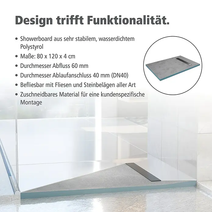 Aurlane Duschwanne - L x B: 120 x 80 cm, Polystyrol/Glasfaser/Zement, Grau/Schwarz, Befliesbar - Bild einer bodenebenen Dusche mit Duschboard aus Polystyrol, das sich durch hohe Stabilität und Wasserdichtigkeit auszeichnet.