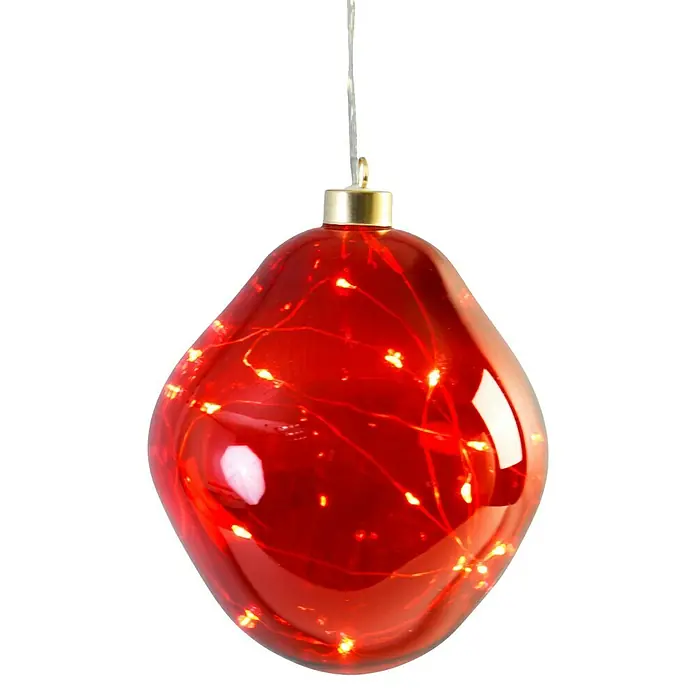 Glaskugel LED - Durchmesser: 15 cm, Rot, Warmweiß - Nahaufnahme einer gläsernen, birnenförmigen, roten Weihnachtskugel mit warmweißen Lichtern.
