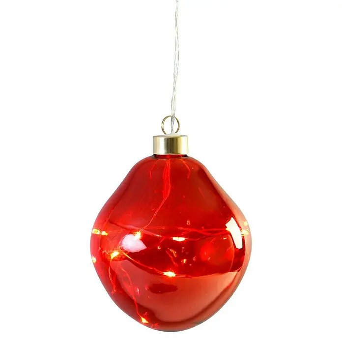 Glaskugel LED - Durchmesser: 10 cm, Rot, Warmweiß - Rote Weihnachtsbaumkugel mit warmweißen Lichtern, eine festliche Dekoration für die Weihnachtszeit.