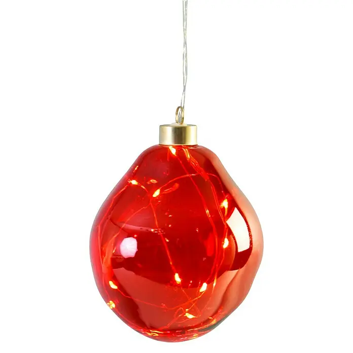 Glaskugel LED - Durchmesser: 12 cm, Rot, Warmweiß - Rote, tropfenförmige Weihnachtsbaumkugel mit goldenem Aufhänger und warmweißen Lichtern für eine festliche Atmosphäre.