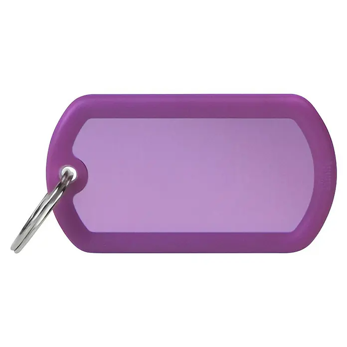 Placa identificativa Militar - L x An x Al: 49 x 27 x 2 mm, Aluminio, Lila - Primer plano de una etiqueta de llave morada con un anillo plateado, ideal para etiquetar y organizar llaves o equipaje.