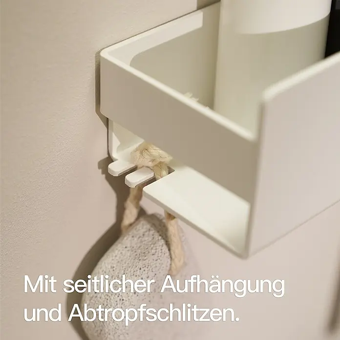 Designfabrik Hamburg Duschablage - Breite: 42 cm, Weiß, Pulverbeschichtet - Weiße Duschablage mit seitlicher Aufhängung und Abtropfschlitzen für eine ordentliche und hygienische Badaufbewahrung.