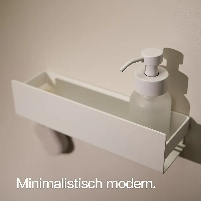 Designfabrik Hamburg Duschablage - Breite: 30 cm, Weiß, Pulverbeschichtet - Minimalistisch modernes Badezimmerregal mit Seifenspender und Ablage für Seife, das an einer Wand befestigt ist.