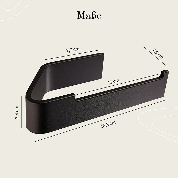 Designfabrik Hamburg Toilettenpapierhalter - Schwarz, Matt - Abbildung eines schwarzen Handtuchhalters mit den Maßen 7,7 cm, 7,5 cm, 3,4 cm, 11 cm und 16,8 cm.