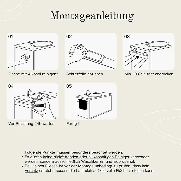 Designfabrik Hamburg Handtuchhalter - Silber gebürstet, Matt, Breite: 40 cm - Montageanleitung für ein Produkt, das an einer Oberfläche befestigt wird. Die Anleitung umfasst Reinigung, Schutzfolie entfernen und Anbringen.