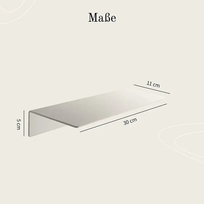Designfabrik Hamburg Badablage - Breite: 30 cm, Aluminium, Weiß - Produktbild: Eine Wandablage mit den Maßen 5 cm Höhe, 11 cm Tiefe und 30 cm Länge wird gezeigt.
