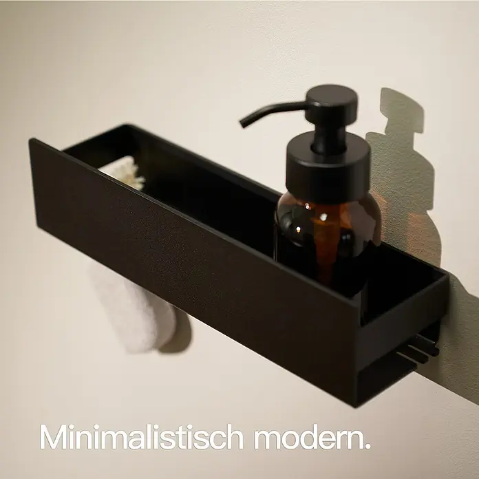 Designfabrik Hamburg Duschablage - Breite: 30 cm, Schwarz, Eloxiert - Minimalistisches, modernes Badezimmerregal in Schwarz mit Seifenspender und Waschlappen. Praktische Ablage für Badaccessoires.