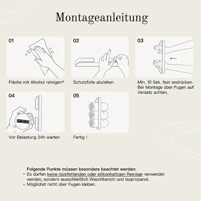 Designfabrik Hamburg Handtuchhalter - Silber gebürstet, Matt - Montageanleitung für einen Handtuchhalter: Fläche reinigen, Schutzfolie abziehen, andrücken, 24h warten, fertig!